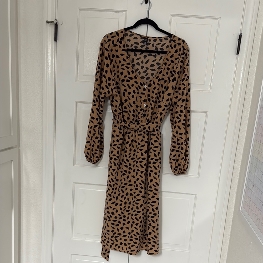 SHEIN Brown and Cream Wrap Tie Front Dress with Bishop Sleeves